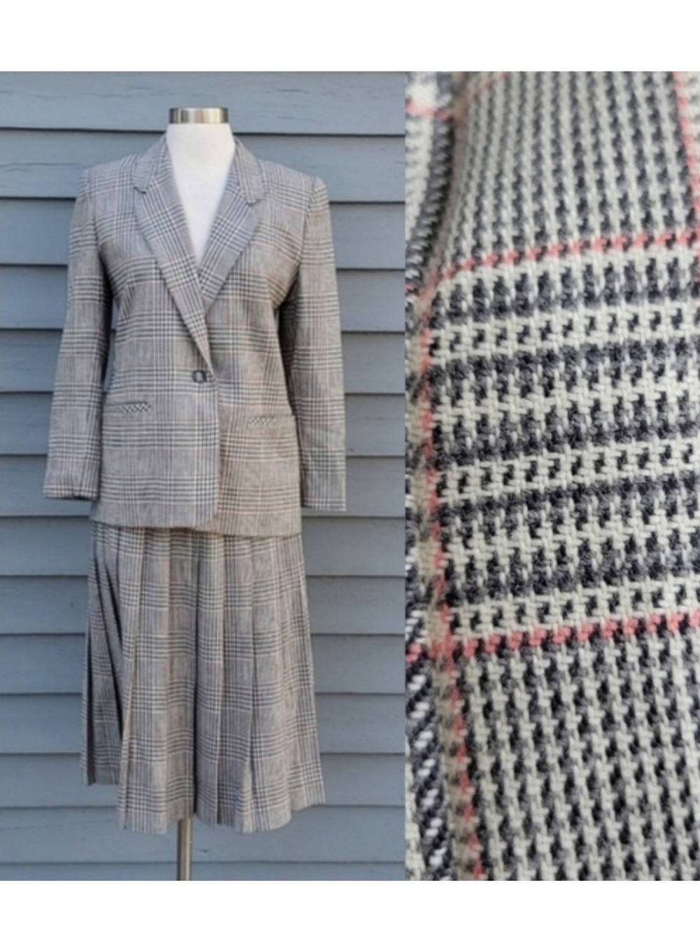 Vintage 90s Talbots Pink Gray‎ Herringbone Glen Plaid Skirt Blazer Suit Set Sm